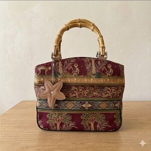 Bamboo Handle Safari Tapestry Satchel Bag in Burgundy Vintage